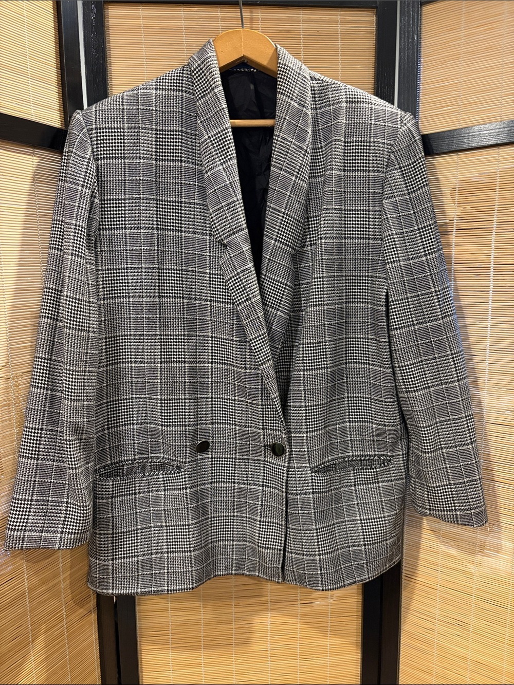 Vintage Plaid Women's Blazer Jacket - Black and White